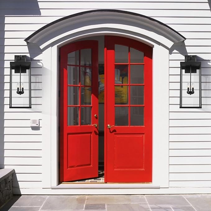 Outdoor Wall Sconce Light, 28 Inch Tall Transitional Exterior Wall Bracket Lighting with Clear Glass, Modern Anti-Rust Outside Black Carriage Lantern Lamp for Front Porch Corridor Doorway Patio