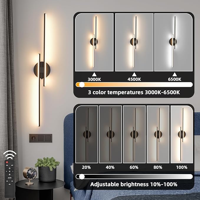 Rechargeable Battery Operated Wall Sconce Set Of Two, Black Wireless LED Wall Sconces With Remote Control, Dimmable 3 Colors Cordless wall lights for Living Room, bedroom, Hallway, 31.4 Inch ( 2pcs)