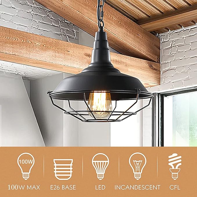 Industrial Pendant Lights 2 Pack Farmhouse Pendant Lights with Adjustable Chain, D10.2 Rustic Pendant Lighting Barn Black Metal Hanging Lights with Wire Cage for Kitchen Island Dining Room