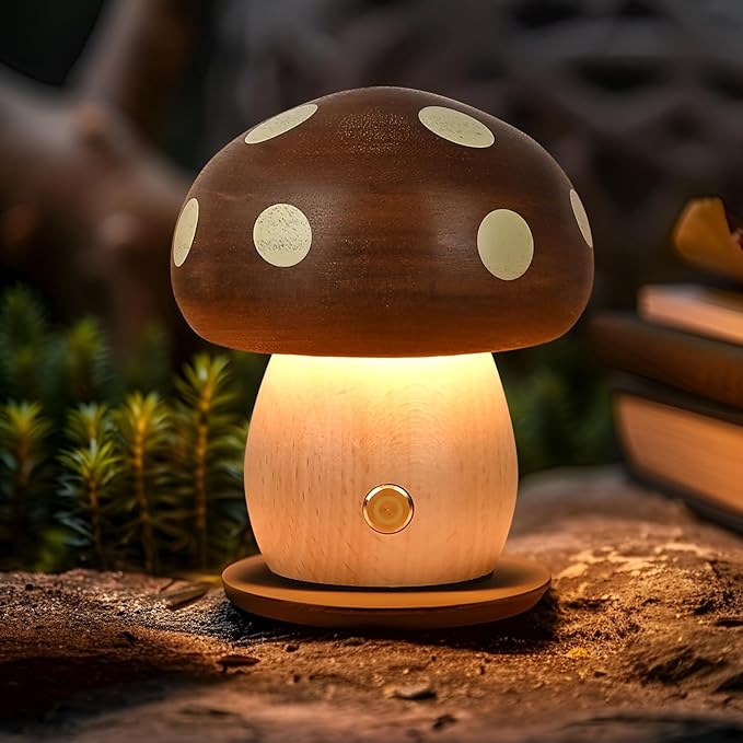 Cordless Wood Mushroom Lamp, Small Battery Operated Wooden Table Lamp Portable Night Light, 3-Level Dimmable Touch Control Warm LED Light for Bedroom, Nursery, Patio Decor