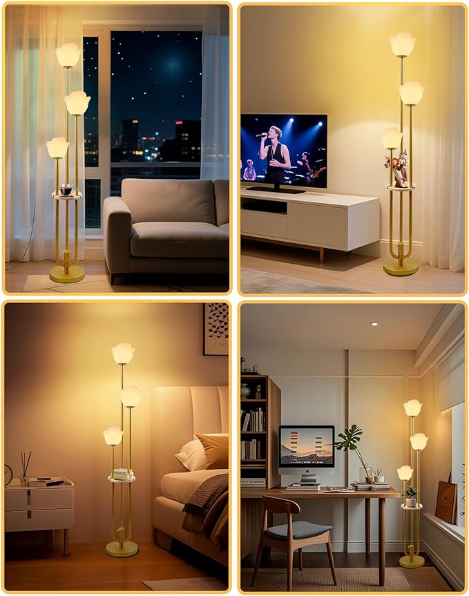 63IN Floral Floor Lamp with Table, 3-Lights Dimmable Flower Floor Lamps for Wedding Party, 3000K Warm White Modern Tall Standing Lamp for Living Room/Bedroom