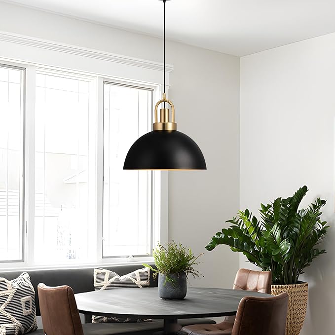 Eustace 13.7'' Matte Black and Gold Farmhouse Pendant Light, Adjustable Hanging Lamp,Industrial Ceiling Lights Fixture for Kitchen Island Dining Room Hallway Restaurant