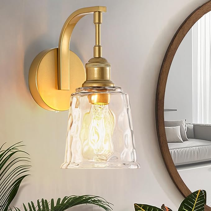 Gold Wall Sconces, Modern Brushed Gold Sconce Wall Lighting, Vintage Glass Light Fixtures for Bathroom Vanity Mirror Living Room Bedroom Kitchen Hallway Stairway E26 Hardwire