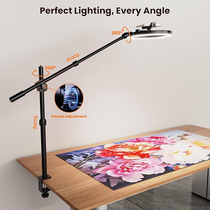 Ring Light Overhead Phone Camera Mount for Desk Tripod - 10" Ring Light with Stand - Solid Ringlight with Clamp for Artist Drawing, Video Recording, Live Streaming