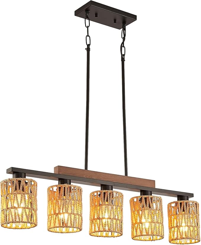 Boho Dining Room Light Fixture, 5-Light Rattan Chandelier, Farmhouse Woven Large Coastal Wicker Wood Bamboo Bohemian Rustic Rectangle Black Linear Pendant Lights Over Table for Kitchen Island