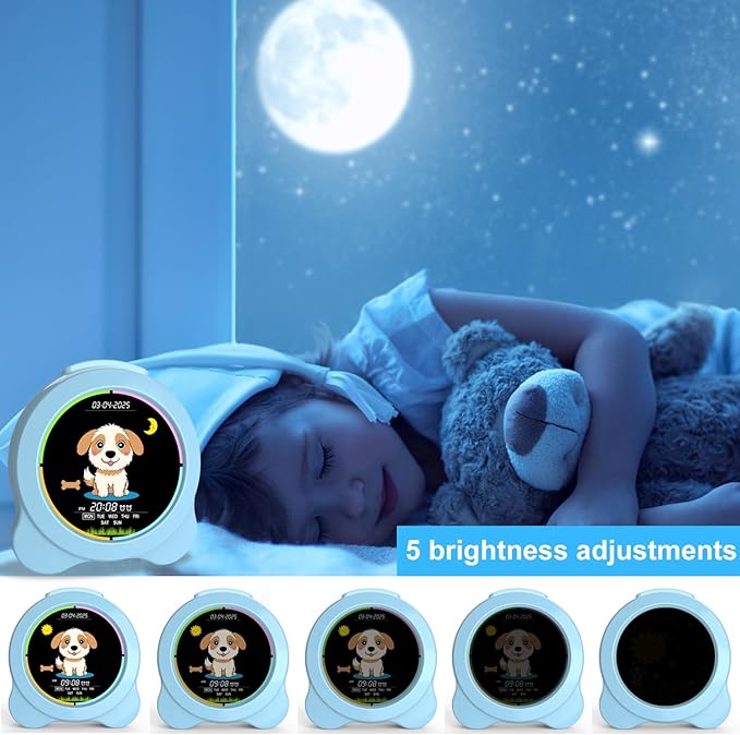 Kids Alarm Clock Sun & Moon& Dog LED Display with Day & Date OK to Wake Clock with Night Light for Kids Children's Sleep Trainer Gift for Boy and Girls