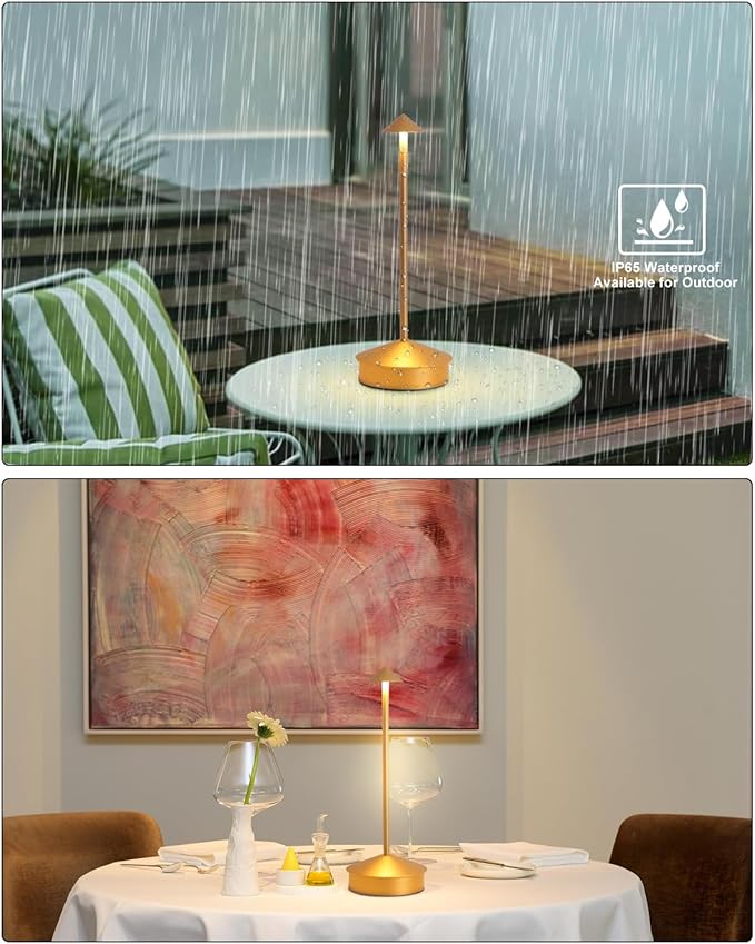 2 Pack Aluminum Cordless Table Lamp, 6000mAh Rechargeable Table Lamps, Portable Touch LED Lamp, Outdoor Waterproof Dimmable Cordless Rechargeable Table Lamps for Restaurant/Patio- Black (Gold)