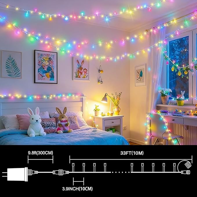 LAMPHOME 33ft 100 LED Easter String Lights Plug in, Pastel Twinkle Fairy Lights with 16 Modes, Warm & Multicolor Colored Easter Outdoor Indoor Decorations for Spring Xmas Wedding Party