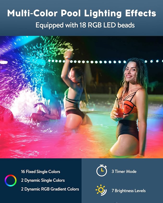 Vangue Solar Pool Lights, Solar Powered LED with IP68 Waterproof, 16 Colors, 7 Brightness Levels, and Timer for Swimming, Inground and Above Ground
