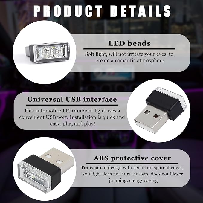 4 PCS USB LED Car Interior Atmosphere Lamp, Portable Plug-in 5V USB Car LED Interior Lighting Night Lamp, Mini USB Ambient Lighting Decor for Home Car Laptop Keyboard (Green)