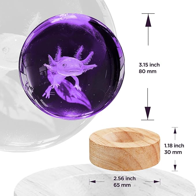 3D Axolotl Crystal Ball Night Light,3.15in k9 Crystal Ball Lamp with 16 Colors Change,Wooden Base and Remote Control Decor Axolotl Gifts for Kids