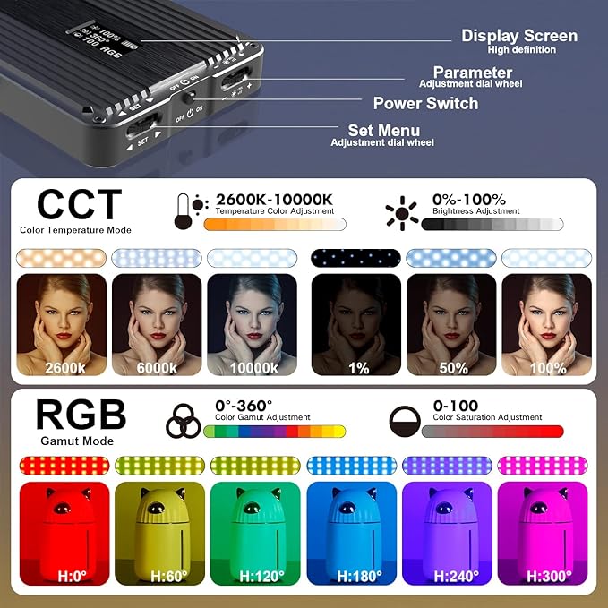 G2 Pocket RGB Camera Light,32Wh Built-in 4300mAh Rechargeable Battery 360°Full Color Gamut 9 Light Effects,2600-10000K LED Video Light Panel with Aluminum Alloy Body, Adjustable Tripod Stand