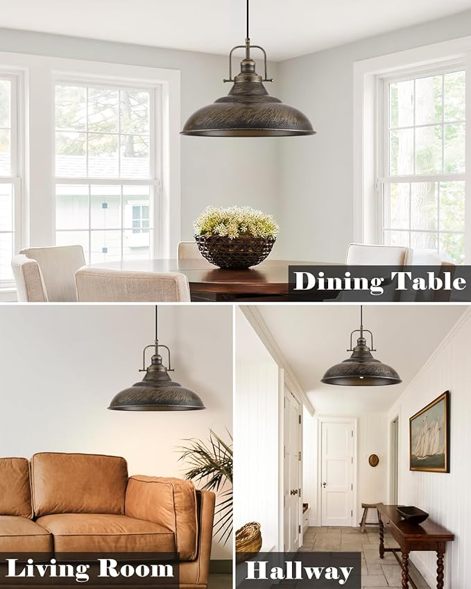 Brass Pendant Light Kitchen Island,16 Inch Large Industrial Pendant Lights, Black and Brass Pendant Lights, Vintage Farmhouse Pendant Light for Kitchen Island, Dining Room (2 Pack)