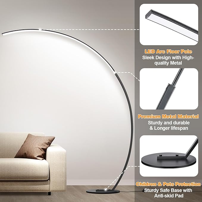 【Upgraded】Dimmable Floor Lamp with 3 Color Temperatures, Ultra Bright 2000LM Arc Floor Lamps for Living Room, Modern Standing Tall Lamp with Remote Control Reading Floor Lamp for Bedroom Office
