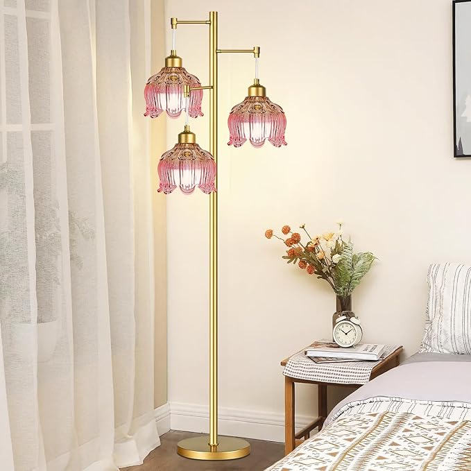 Pink Floor Lamp for Living Room,Bedroom,Gold Mid Century Modern Standing Lamp Brass Tree 3 Light Tall Floor Lamps Vintage Retro Floor Lights Glass Flower Lamp Shade Girls Kids Boho Bohemian