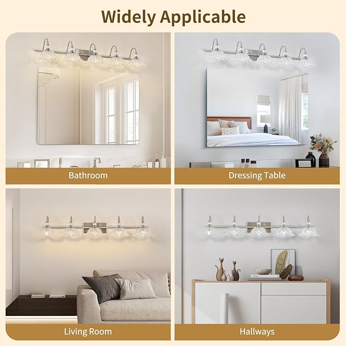 Brushed Nickel 5-Light Bathroom Vanity Light with Floral Clear Glass Shades, Brushed Nickel Wall Mount Lighting for Bathroom, Dressing Table