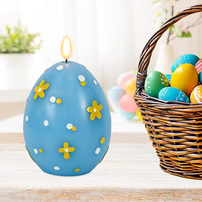 Eldnacele Easter Flameless Candles with 6H Timer, Battery Operated Egg Shaped 3D Wick Flickering Candle Real Wax Blue LED Candles for Easter Party Spring Dinner Decor(2.4"×6.3")