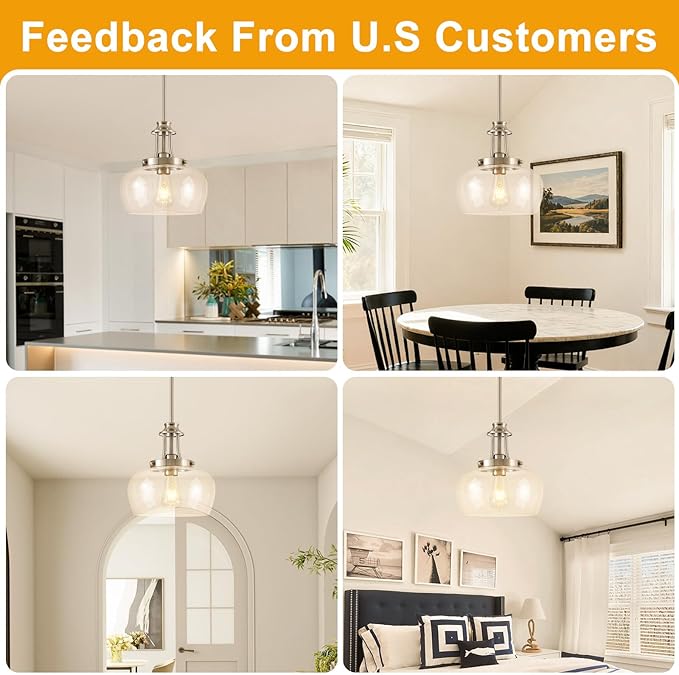 Modern Pendant Lights Kitchen Island, Brushed Nickel Pendant Light Fixtures with 10" Clear Glass Shade, Industrial Hanging Pendant Lights Fixture for Kitchen Island Dining Room Bedroom Foyer Entryway