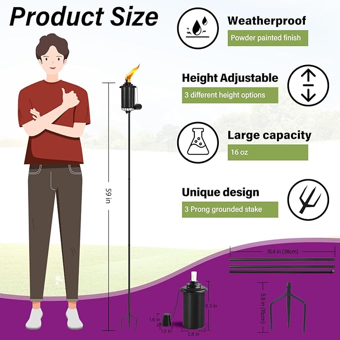 Home Garden Torch Set of 6, 16oz Outdoor Metal Torch Garden Décor, 59-Inch Upgraded Citronella Torches with 3-Prong Grounded Stake, Metal Light Torches for Party Patio Pathway