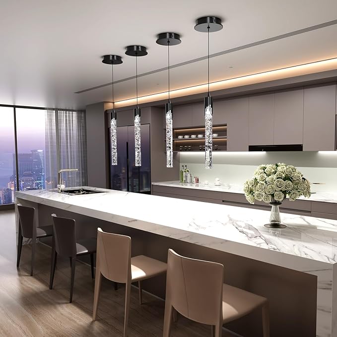 Flashing God Black Pendant Lights Modern LED Kitchen Island Light Crystal Mini Pendant Light with Dimmable LED Bubble Crystal Chandelier for Dining Room, Bedroom, Bar