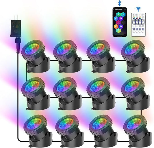 RGB Underwater Pond Lights, Super Bright LED Submersible Fountain Light Colored Landscape Spotlights, Bluetooth APP Control IP68 Waterproof for Fish Aquarium Tank Garden Yard Pool (Set of 12)