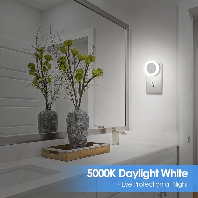 FOLKSMATE LED Night Light, Dimmable Plug-in Dusk to Dawn Light Sensor Nightlight for Bathroom, Bedroom, Adults & Kids Room, Kitchen, Stairway, Nursery, Daylight White, 2- Pack