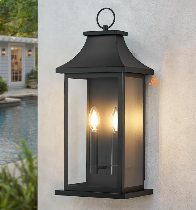 tewei 22'' Dusk to Dawn Outdoor Wall Light, Porch Light Outdoor Wall Sconce Lantern, 2-Light Black Exterior Lighting Fixture Wall Mount, Outside Light for House Garage, 1-Pack