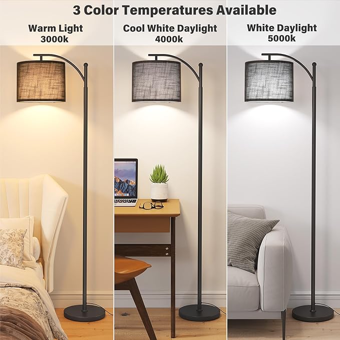 SUNMORY Arc Floor Lamp, Modern Floor Lamp with 9W 3 Color Temperatures Bulb, Metal Standing Lamps with Adjustable Hanging Lampshade, Tall Floor Lamps for Living Room, Bedroom, Office