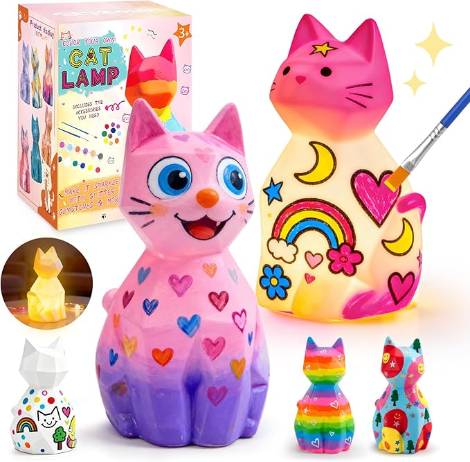 2Pcs Paint Your Own Cat Lamp Kit,DIY Cat Crafts Night Light,Art Supplies Painting Kits for Kids Age 4 5 6 7 8 9 10 11 12+, Creative Birthday Easter Halloween Christmas Gifts for Girls Boys