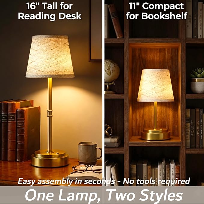 Cordless Table Lamp - 7500mAh Longest Lasting Battery Operated Lamp, 1 Pack Antique Brass Aesthetic Cozy Rechargeable Desk Lamp for Kitchen Counter, Dining Room & Restaurant Centerpiece