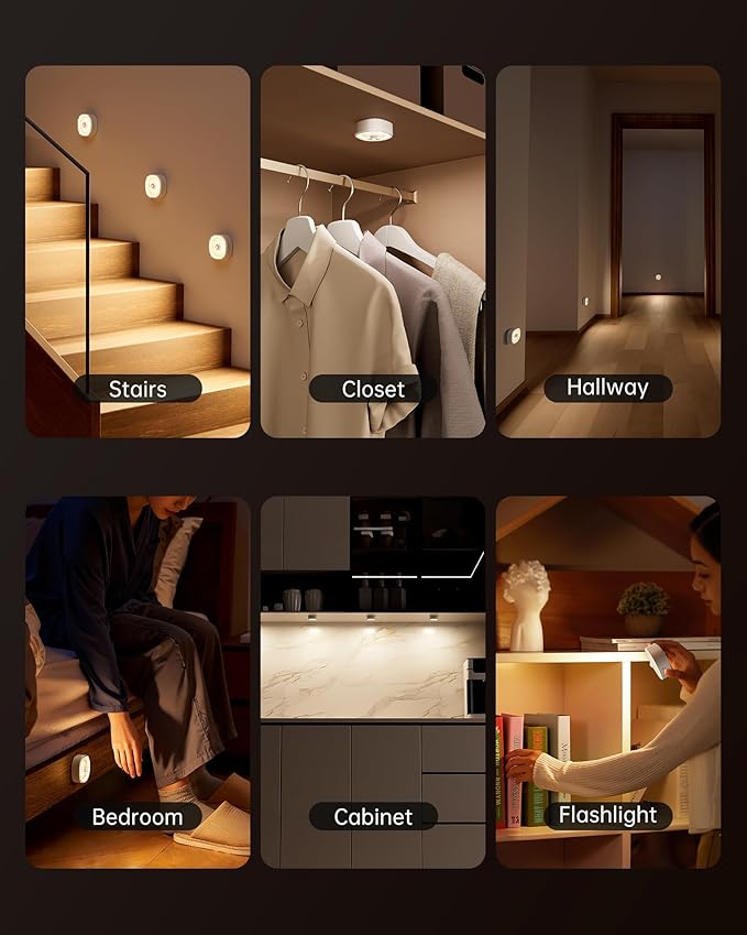Homelist 4 Pack Small Rechargeable Motion Sensor Light, COB Light Source Puck Lights Rechargeable, 100LM Motion Sensor Night Light for Bedroom Bedside, Cabinets, Kitchen Counter, Hallway, Stairs