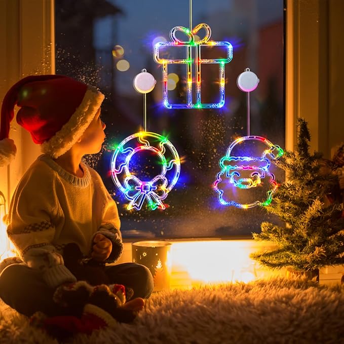 LOLStar Christmas Window Decorations 3 Pack Wreath Gift Box Santa Claus Christmas Window Lights with Suction Cups, Battery Operated Xmas Lights Decors, 2025 Upgrade Slow Fade Mode and Timer Function