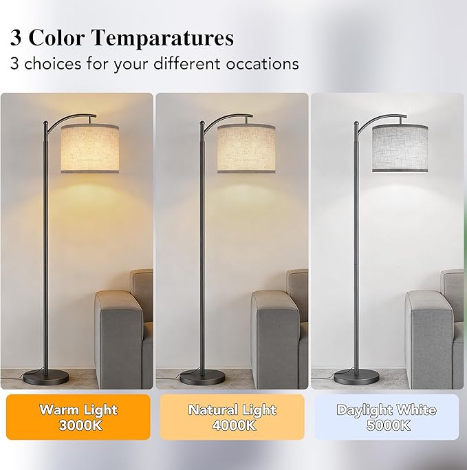 ROTTOGOON Floor Lamp for Living Room with 3 Color Temperatures LED Bulb, Standing Lamp Tall Industrial Floor Lamp Reading for Bedroom, Office (9W LED Bulb, Beige Lampshade Included) -Grey