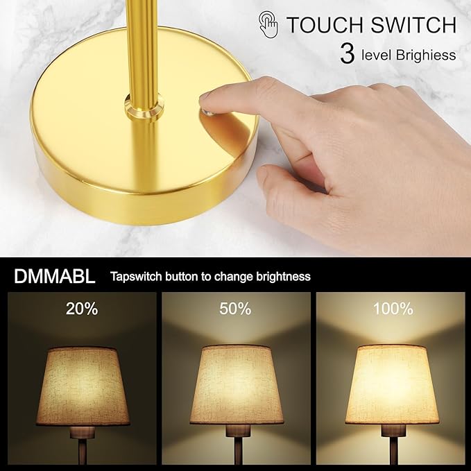 FRIDEKO HOME Rechargeable Table Lamp Gold - Cordless Battery Operated Lamp, Fabric Shade Desk Lamp, Wireless Lamp for Decor Bedroom Dining Table Counter (2pcs-Linen-Bulb Included-15.7in)