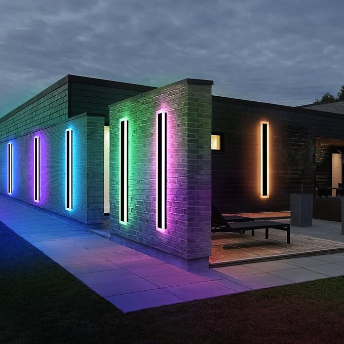 Mikeru Upgraded Widened RGB Long LED Wall Lights, 2Pack 57inch Outdoor Sconces RGB/Warm/White Dimmable Outdoor Wall Lights Exterior Front Porch Light Ip65 Waterproof Wall Sconce with Remote Control