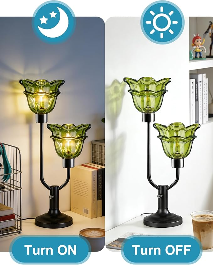 Lightdot Mid Century Modern Flower Table Lamp Black Dimmable U-Shaped Green Glass Desk Lamps with 2Pcs 3000K Warmwhite Bulbs Included Bedside Nightstand Lamp for Living Room Bedroom