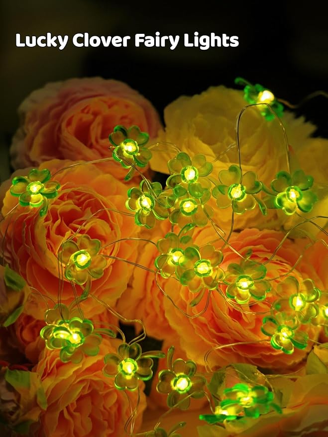 St Patricks Day Decorations Green Shamrocks String Lights 10 ft 30 LEDs Battery Operated, Lucky Clover Fairy Lights, Green Lights for Porch Fireplace Golf cart, St. Patrick's Day Decoration