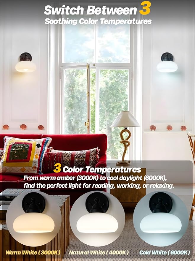 HEQIQEH Remote Wall Sconce with Milky Oval Glass Shade, Matte Black Vintage Wall Light Fixture with Timer, 15 Color Rechargeable LED Bulb, No Hardwiring Required for Indoor Wall Mount Light