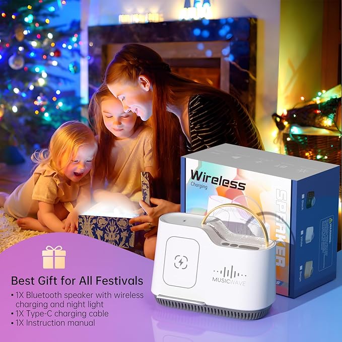 Night Light Bluetooth Speaker, Touch Control Bedside Lamp with Dimmable Dynamic Colored Lights, 15W Wireless Charging Station, Phone Holder, Gifts for Girls Boys Women Gifts Room Decor