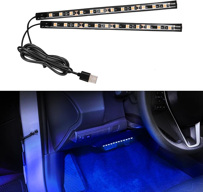 Wuyaoyao Car LED Strip Light, 12V 24 LED Vehicle Interior Atmosphere Lamps with USB Port, Auto Under Dash Ambient Night Light, Universal Car Accessories (Blue, USB)