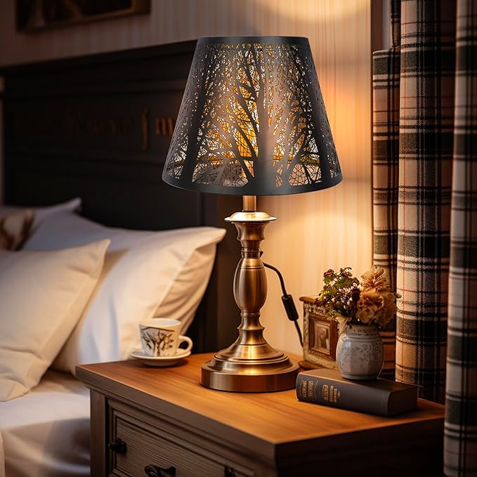 Etched Small Forest Metal Lampshade Top 6‘’ Bottom 10‘’ Height 7.5" Barrel Shade Lampshade Fits Most Table Lamp and Floor Lamp Spider, Outer Black and inner Gold