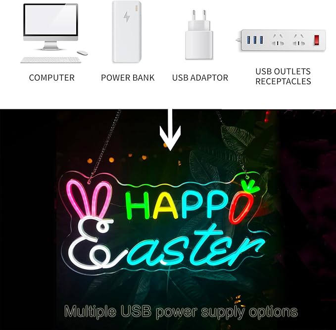 Happy Easter Neon Sign, Rabbit Shape Dimmable LED Easter Yard Sign Light, Easter Neon Sign for Wall Room Windows Lawn Party Decorations Easter Hanging Sign for Spring Front Yard Sign
