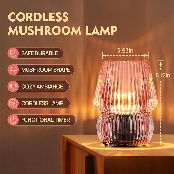 Small Battery Operated Lamp with Timer, Tiny Cordless Glass Table Lamp for Home Decor, Kitchen, Bathroom, Birthday Gift for Women, Mushroom, Pink