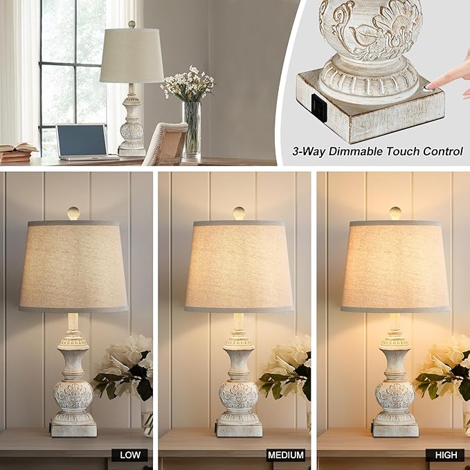 Farmhouse 3 Way Dimmable Touch Table Lamps for Living Room Set of 2 Traditional Rustic Bedside Lamps for Bedroom Nightstand 23.5" Vintage Carved Floral Night Light Lamps with USB Ports Bulb Included
