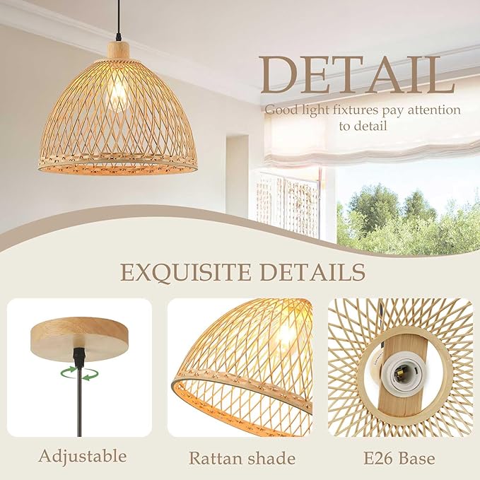 Hand-Woven Rattan Pendant Light, 16 Inch Boho Wicker Lights Fixture Wite Adjustable Cable, Coastal Hanging Lighting for Kitchen Island Dining Room Living Room Entrance Foyer