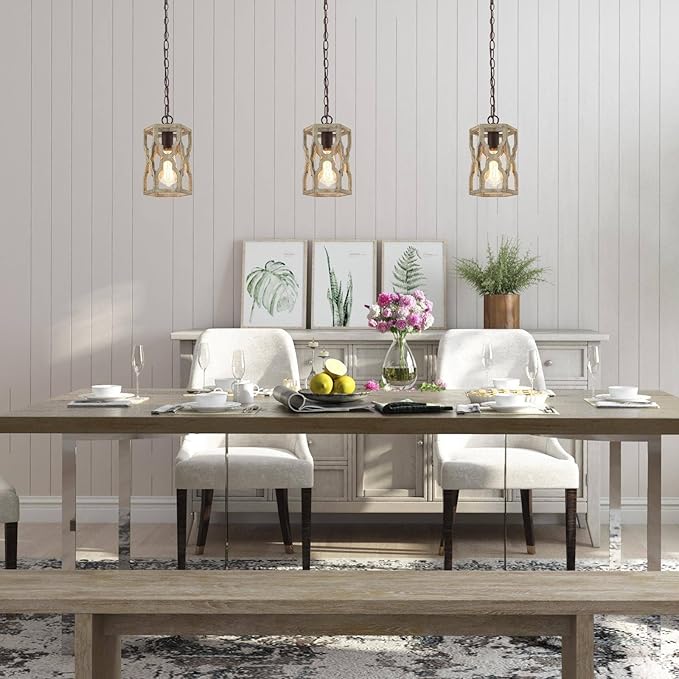 KSANA Farmhouse Wood Pendant Light, Cage Lantern Hanging Light Fixture for Kitchen Island, Foyer, Hallway, Bedroom and Entryway