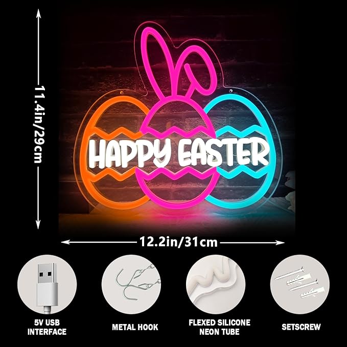 Happy Easter Neon Sign for Wall Decor Three Easter Egg Led Sign Bunny Neon Light Up Sign for Neon Wall Art Party Home Room Decor Gift for Kids