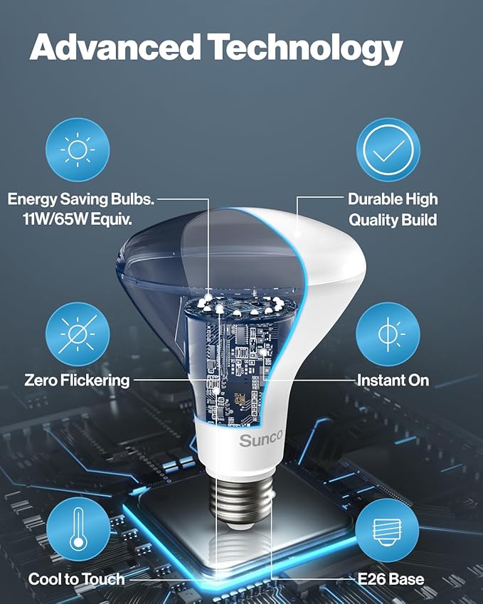 Sunco 90 Pack BR30 Light Bulbs LED, Recessed Can Light Bulbs, Indoor Flood Bulb, 850 LM, 11W (65W Equivalent), 6000K Daylight Deluxe, Dimmable, E26 Base, for Home, Kitchen, Bedroom UL