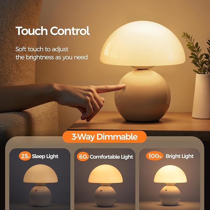 NIORSUN Wireless Mushroom Lamp Set of 2,Table Lamp for Bedroom, Portables Cordless Lamps,Wireless Light,Bedside Table Lamp for Living Room,Mini Mushroom 5200mAh Battery Operated Lamps Modern (White)