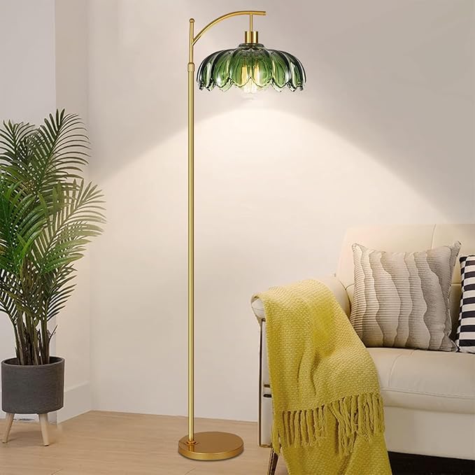 Glass Floor Lamp for Living Room,Bedroom,Mid Century Modern Standing Lamp with Remote,Dimmable Gold Tall Lamp Green Vintage Retro Arc Flower Floor Light Boho Bohemian